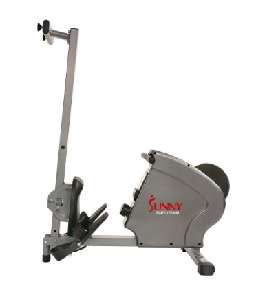 Sunny SF-RW5856 rowing machine in vertical storage position